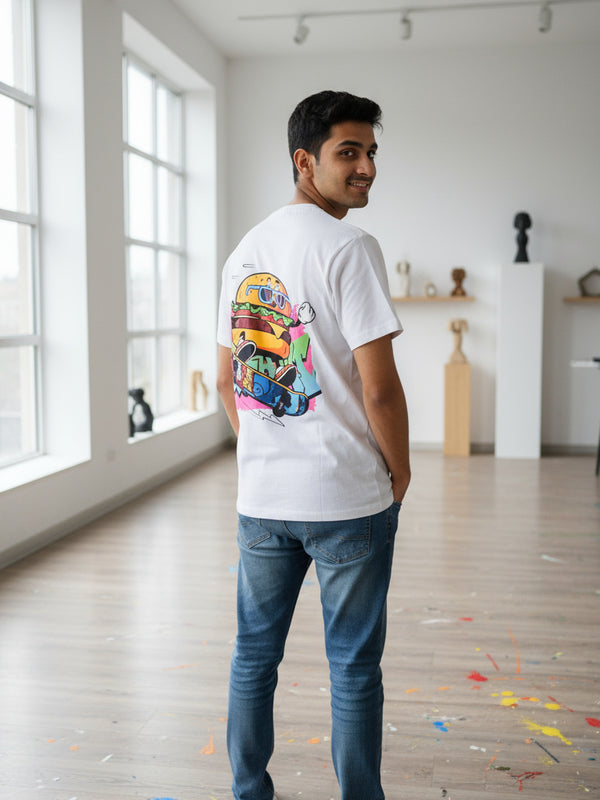 Burger streetwear graphic tee worn by model - Otaku Haus India
