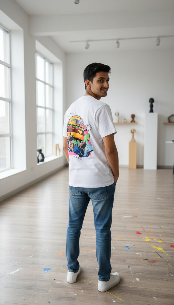 Burger streetwear graphic tee worn by model - Otaku Haus India
