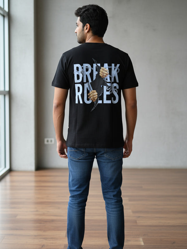Break Rules streetwear graphic tee worn by model - Otaku Haus India